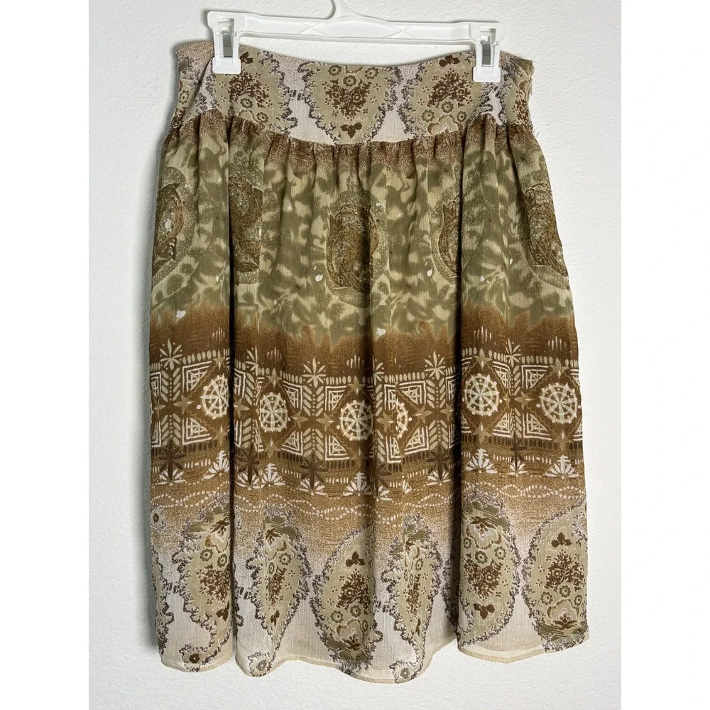 Sandra Darren Boho Paisley Chiffon A-Line Skirt Olive Brown Tan Size 6